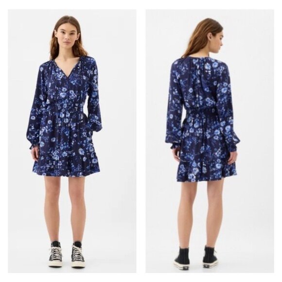 Gap Relaxed Smocked Splitneck Mini Dress Large Ditsy Floral FairyGoth Fe… - Picture 1 of 9